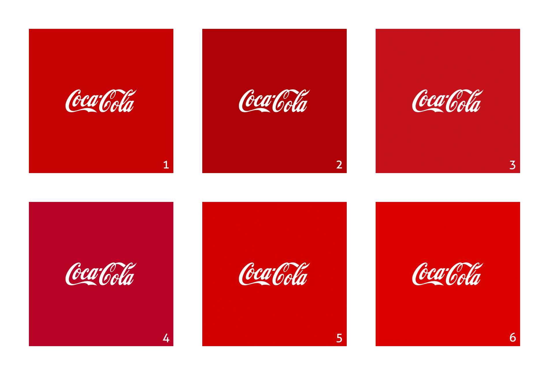 Different versions of Coca-Cola logo: 6 different versions of red